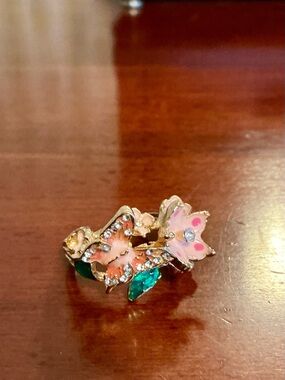 Pink Floral Enamel & Crystal Ring with Green Leaves - Women Jewelry